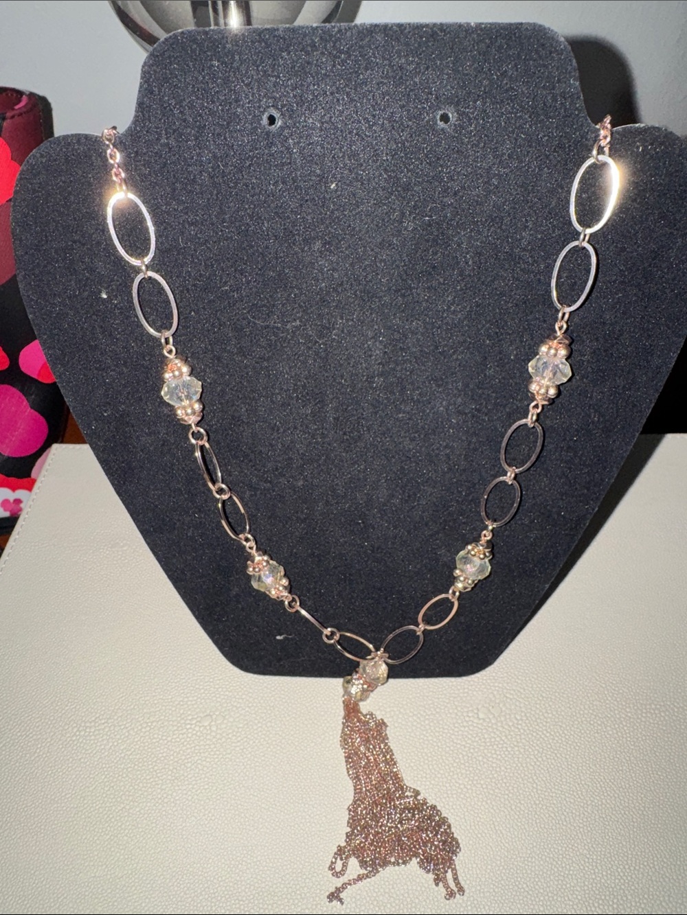 Rose Gold Chain Tassel Necklace with Crystal Accents